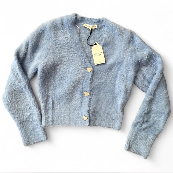 English Factory Feathered Plush Heart Buttoned Cropped Cardigan - Picture 6 of 12